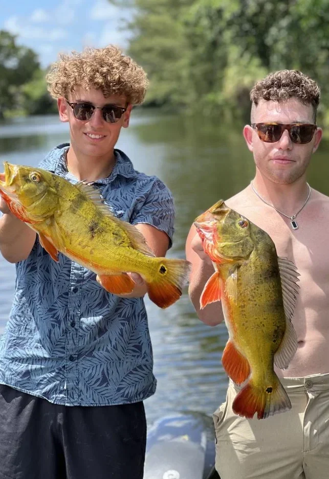 Two young men proudly hold up large peacock bass caught while on a freshwater fishing charter in Florida.